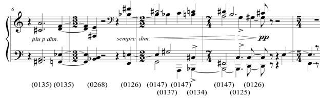< 예 5> 가보이듯이, 클라이맥스를이루는코드까지의첫집성을살펴보면, 주를이루는 (0135) 코드들의대부분은세션스가언급한반음 (semitone) 상행으로연결된음들로, 연접한음으로의 해결 (resolve) 을보이는이끔음 (leading tone)
