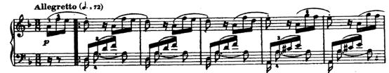 R. 바그너의피아노전곡분석연구 55 위의악보를보면, Maestoso 의시작부분에서는 f 음향안에서반진행하는겹부점리듬의두터운화음이페르마타로정지한후에저음에서부터빠르게상행하는즉흥적스케일이등장하고, 이두마디의진행은 2도위로동형진행하며다시강조된다.