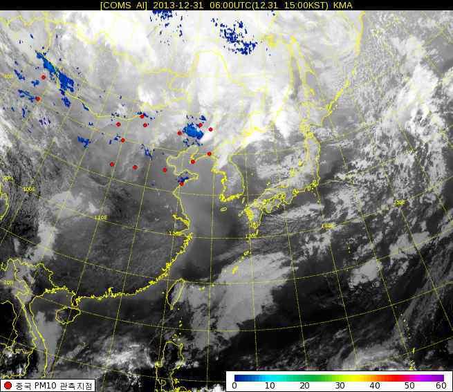 15시에는발해만서쪽과산둥반도부근, 그리고중국북동지역에도황사신호가탐지되었다.