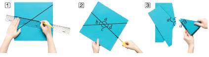 (1) 종이위에아래와같이두직선이서로만나도록그린다. (2) 두직선이만나서생기는각을아래와같이표시하고, 선을따라자른다. (3) (2) 에서자른조각을각의꼭짓점이포개지도록겹쳐서각의크기를비교한다.
