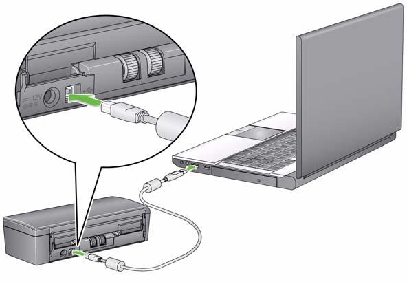 옵션 2: USB 데이터케이블사용 1. USB 데이터케이블을스캐너뒤쪽에있는스캐너 USB 포트에연결합니다. 2. USB 데이터케이블의다른쪽끝을랩톱또는데스크탑 PC 의해당 USB 포트에연결합니다.