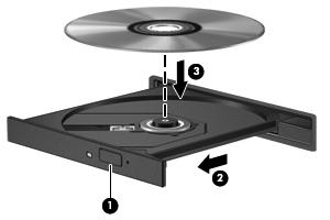 CD, DVD 또는 BD 재생 1. 컴퓨터의전원을켭니다. 2. 드라이브베젤의분리버튼 (1) 을눌러디스크트레이를분리합니다. 3. 트레이를당겨꺼냅니다 (2). 4. 디스크의표면에손이닿지않도록가장자리를잡고레이블면이위를향하도록트레이회전판위에디스크를올려놓습니다. 주 : 오.