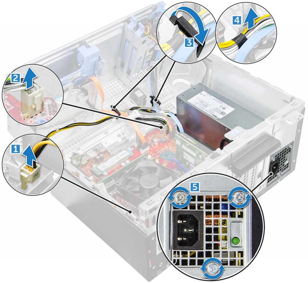 전원공급장치 전원공급장치 (PSU) 분리 1 컴퓨터내부작업을시작하기전에의절차를따릅니다. 2 다음을제거합니다 : a b 덮개베젤 3 전면패널도어를엽니다. 4 PSU 를분리하려면 : a 시스템보드의커넥터에서 PSU 케이블을분리합니다 [1][2].