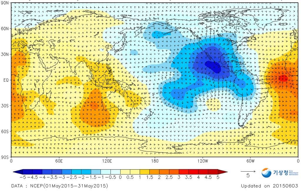 OLR: Outgoing Long-wave Radiation 5 월전반적으로적도태평양에서대류활동은동태평양부근에서활발했으며,