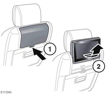 뒷좌석스크린 뒷좌석스크린꺼내기 뒷좌석리모컨 1. 스크린하단의해치를안으로누릅니다. 2. 스크린하단을당겨스크린을열림위치로꺼냅니다. 스크린을완전히꺼낸다음에는이를당겨각도를조절할수있습니다.