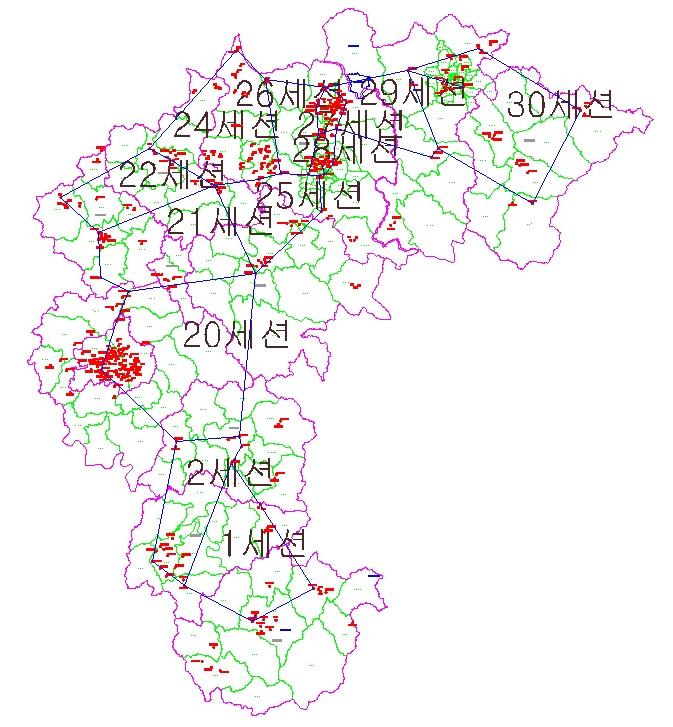 지적원점계열인접지역에서지적좌표의세계좌표변환정확도분석 이필요하게되며, 이에따라측량기준점의좌표값을변경하거나새롭게구축하는과정이필요하다 [9]. [ 그림 1] 세계측지계전환의개요 [6] 3. 실험및분석 3.