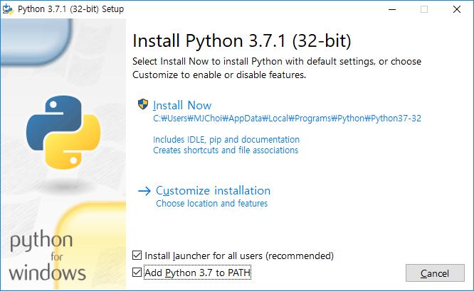Python 설치 (2/3) 3. Add Python 3.