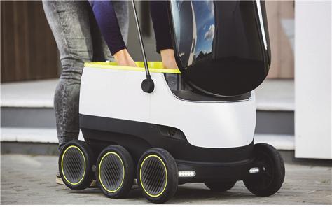 스타쉽테크놀로지사의택배로봇은약 18kg 이하의택배화물을싣고보행자와비슷한최대 6km/h 의속도로화물을배송할수있다.