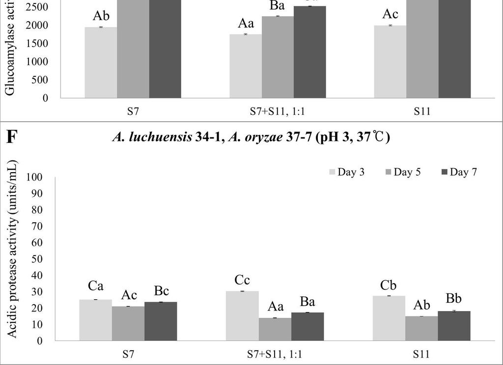 S11, A. oryzae 37-7. Values with different capital letters A D are significantly different among the culture periods in the same sample (p<0.05).