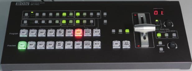 통합방송 All in One System Control Unit BK-PRO 제어신호연결 EXT출력전원 (Note 1) RS-422, USB(Update) DC 12V, 2A 19W 360(W) * 48(H) * 160(D) mm 5V, 0.