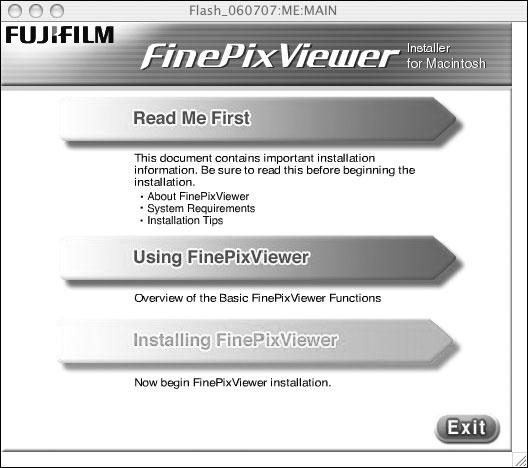 SU1890GB.book Page 192 Thursday, January 25, 2007 10:58 AM Mac OS X 에설치 1 Macintosh 전원을켜고 Mac OS X 를시작합니다. 다른응용프로그램을실행하지마십시오. 2 제공된 CD-ROM 을 CD-ROM 드라이브에넣으면 "FinePix" 아이콘이나타납니다.