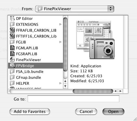 14 "Applications" 폴더에있는 FinePixViewer 폴더에서 "FPVBridge" 를선택하고 [Open] 버튼을클릭합니다. 주의 Safari 를웹브라우저로사용하는경우메시지가표시되면서 CD-ROM 이제거되지않을수있습니다.