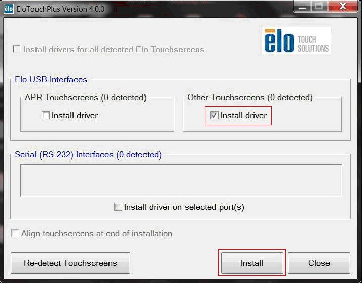 Windows 7 설치의경우, Elo USB 인터페이스 (Elo USB Interfaces) 기타터치스크린 (Other touchscreens) 아래의 드라이버설치