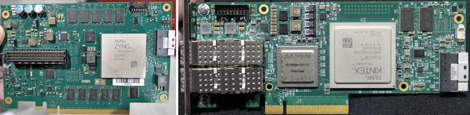 OpenCAPI 게이트웨이 카드(왼쪽) 및 OpenCAPI가 내장된 Mellanox Innova-2 FPGA 카드(오른쪽) 또한 SC17에서 Molex는 OpenCAPI가 연결된 FPGA 스토리지 액셀러레이터 카드 스택을 선보였다.