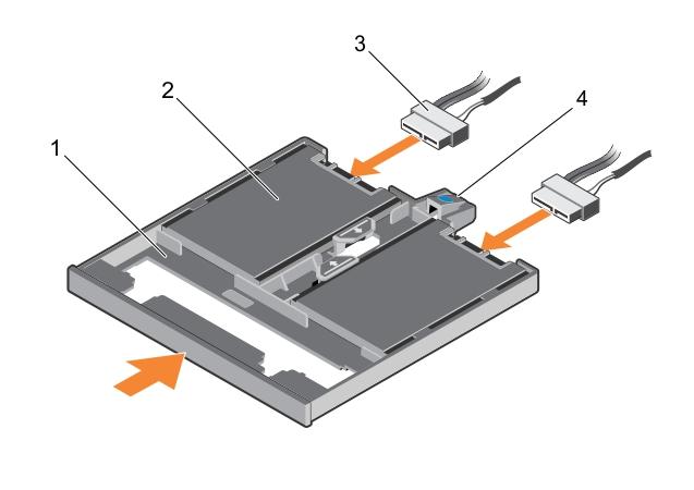 그림 39. 4.57cm(1.8 인치 ) SSD 트레이설치 1 SSD 트레이 2 SSD 3 데이터및전원케이블 4 트레이분리탭 다음단계 시스템내부작업을마친후에의절차를따릅니다. 관련링크옵션인광학드라이브분리선택사양인 1.8 인치반도체드라이브제거 3.5 인치하드드라이브어댑터에서 2.