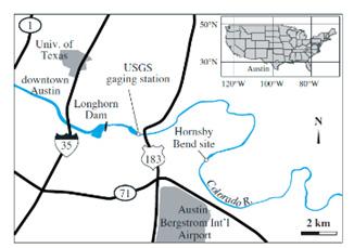제 2 장 지표수 - 지하수혼합대주요관리요소 - 하천사례중심으로 9 1) 사례 1 댐에의한영향 Sawyer et al.(2009) 는텍사스주오스틴시에있는톰밀러 (Tom Miller) 댐과롱혼 (Longhorn) 댐으로수위를조절하는콜로라도강의혼스비만곡부 3) (Hornsby Bend) 를대상으로댐이하안부지의혼합대에미치는영향을연구하였다.