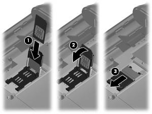 10. 슬롯트레이에 SIM 카드를삽입하고 (1) 슬롯트레이를왼쪽아래로내린다음 (2) 슬롯트레이를왼쪽으로밀어넣어고정시킵니다 (3). 11. 모듈함덮개의탭을컴퓨터에있는홈에맞춘다음 (1) 제자리에장착될때까지덮개를아래쪽으로돌립니다 (2).