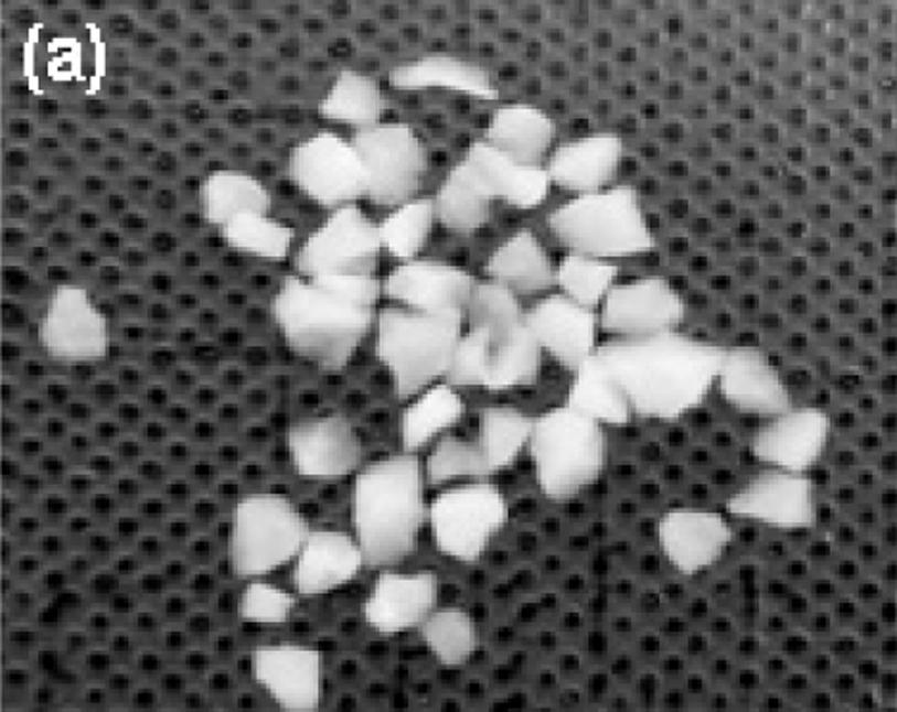 나노다공성 실리카 에어로겔 과립의 간단 제조 211 Figure 2. Optical photographs of silica aerogel granules graded by sieves (2 mm, 1 mm, 850 µm, and 500 µm); (a) 1 2 mm, (b) 850 µm 1 mm, and (c) 500 850 µm.
