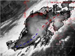 850hPa 일기도에서태풍의북서쪽으로한기가침투하여온도경도가크게나타났고, 지상일기도에서태풍의북동쪽과남서쪽으로전선이분석되었음 ( 그림 3.10 d).