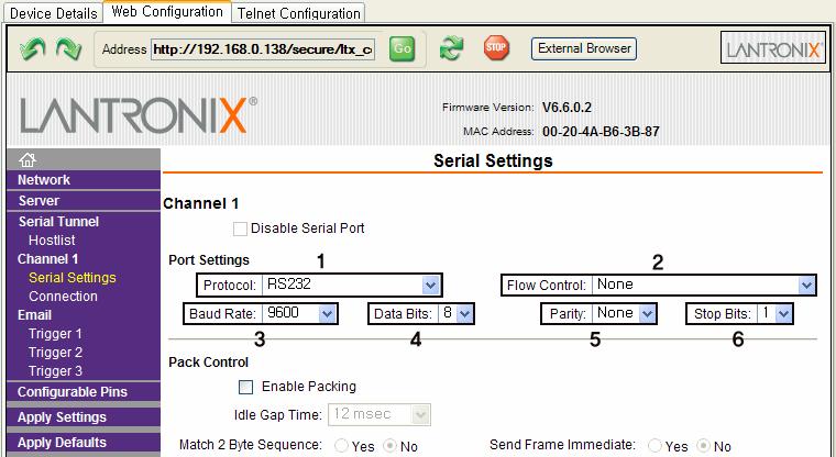 우선 XPORT설정의대부분은 Channel 1메뉴의 Serial Settings 항목과 Connection 항목에서이루어집니다. 우선 Serial Settings 항목부터확인해보겠습니다. 1. 프로토콜지정 : RS232, RS422, RS485 2.