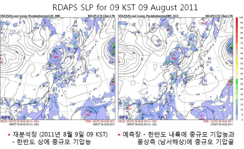 4. 사례발생원인 RDAPS 예측장에따르면 8월 9일 09KST에중규모기압능은한반도내륙에위치하며, 그풍상측 ( 그림 4.1.