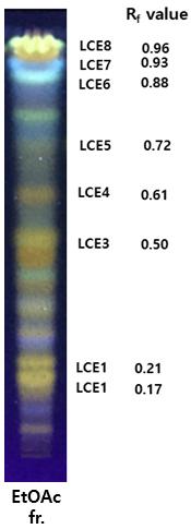 182 김아랑 정민철 정혜인 송동기 서영빈 전영희 박소현 신혁수 이상래 박수남 Table 5. TLC, HPLC, and LC-MS Data of Ethyl Acetate Fraction from L. christinae Hance Extract TLC band HPLC peak No.