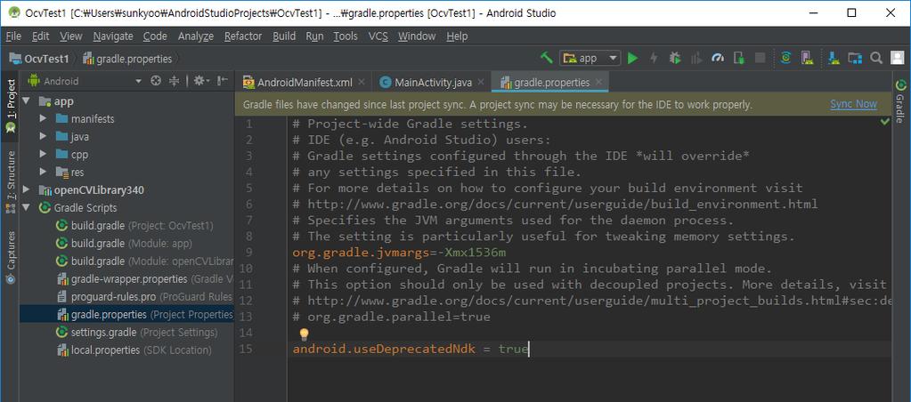 OpenCV Java API 사용하기 gradle.properties 파일편집 android.
