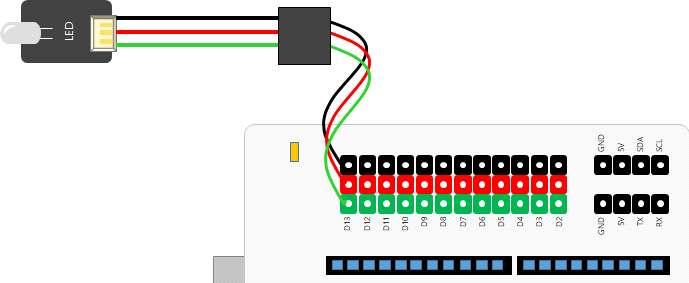 디지털핀 디지털핀들은 GND ( 검정 ), 5V ( 빨강 ), Data 선 ( 초록 ) 등 3 개의핀으로 구성되어있으며, 부품을연결할때방향을맞추어연결해주어야한다.