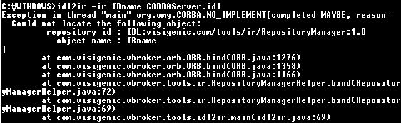 1. OAD 를사용하여등록하기 irep IRname 을 DOS 커맨드에서실행해보자. 이프로그램은인터페이스저장소역할을한다. 이곳에서 IDL 을로드하여필요한인터페이스를인터페이스저장소에저장할수있다. 지원되는것은일반 IDL 과자바, C++ 을지원한다. 단순히커맨드모드에서사용하려면 irep console IRname [file.idl] 을사용하여도무방하다.