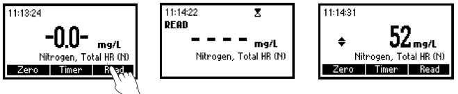 READ를누르면측정실행되며, Total nitrogen (N) 농도값이 mg/l 단위로보일것이다. ammonia (NH3) 흑은 nitrate NO3- 로변환하려면상, 하방향키를사용하여확인한다.