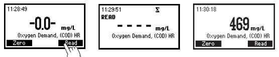"Method Selection" 에서, Oxygen Demand, Chemical HR (COD) 를선택한다. 홀더에준비한시약유리병 (Blank 제로시약 ) 을놓는다. ZERO을누르면, 기기는제로화를시작하고, 완료후 "-0.0-" 이나타난다.