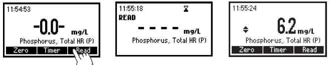 잠시기다리면 "-0.0-" 이나타나며, 지금기기는제로화되었고측정할준비가됨을나타낸다. Blank 시약병 ( 제로큐벳 ) 을꺼내고, 샘플큐벳 (Sample) 을홀더에넣는다. Read 를누르면, 기기화면에 phosphorus (P) 의농도가 mg/l 단위로나타난다.