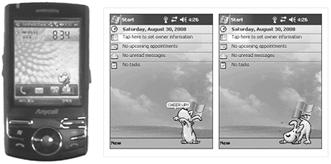 0과 Pocket PC SDK 2003으로제작되었으며, 실제스마트폰삼성 SPH-M4650 상에서실시간으로정보를수집하고추론하여 5초에한번씩행동을생성한다. 그림 6(a) 는실제스마트폰상에서동작하는캐릭터를보여준다. 제안하는캐릭터의유용성을보이기위하여다양한외부상황변화에따른캐릭터의행동을살펴보았다.