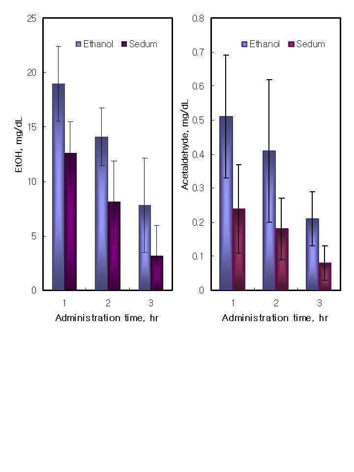 Fig. 31. Changes of blood ethanol and acetaldehyde concentrations in ethanol with/ without S. sarmentosum juice administered human.