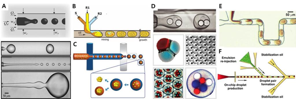 특별기획 (II) 그림 1-1. 미세액적을형성하는주요세가지미세유체소자의구조및적용사례.