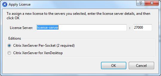 그러면 Apply License(라이센스 적용) 창이 표시됩니다. 3. Apply License(라이센스 적용) 창에서 라이센스를 적용할 Citrix XenServer 버전을 선택한 다음 Citrix License Server 세부 정보를 입력합니다. 기본적으로 라이센스 서버는 Citrix 제품과의 통신에 포트 27000을 사용합니다.