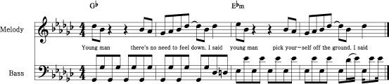 9] verse of YMCA(Village People) Fig. 9는 Village People 의 YMCA verse 부분이다. 8 Beat Disco 패턴으로근음과옥타브음이번갈아반복되는안정적인구성이다. 2마디의 3, 4박은 Db, D가각각한박자씩경과음으로사용되었다.