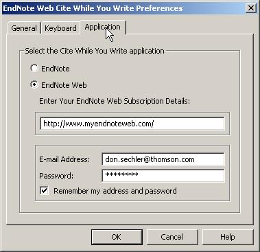 Word 에설치된 EndNote Web 아이콘의기능 Word 문서에서바로 EndNote Web 폴더를검색하고자한다면 EndNote Pref 를클릭하여 Email 주소와패스워드를입력합니다.
