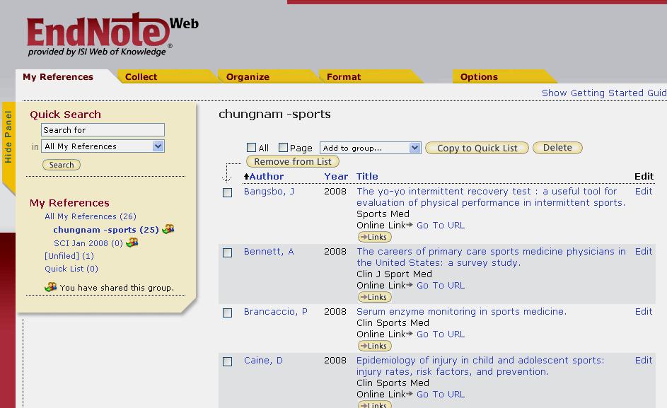 EndNote Web 의메뉴 : 폴더내에있는레퍼런스를 검색할수있습니다. 각각의폴더에는분야별로이용자가구성해놓은레퍼런스가저장되어 있습니다. 폴더를클릭하여해당폴더에있는레퍼런스를볼수있습니다.