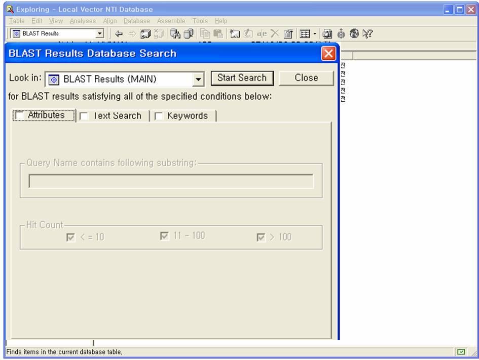 BLAST Results 접근경로 : Database -> Search Attributes (): Attributes 체크후, Query Name contains following substring