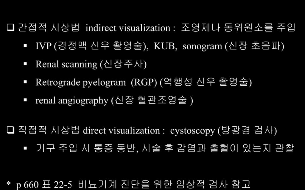 Assessment 진단적검사 ( 구조파악 ) 간접적시상법 indirect visualization : 조영제나동위원소를주입 IVP ( 경정맥신우촬영술 ), KUB, sonogram ( 신장초음파 ) Renal scanning ( 신장주사 ) Retrograde pyelogram