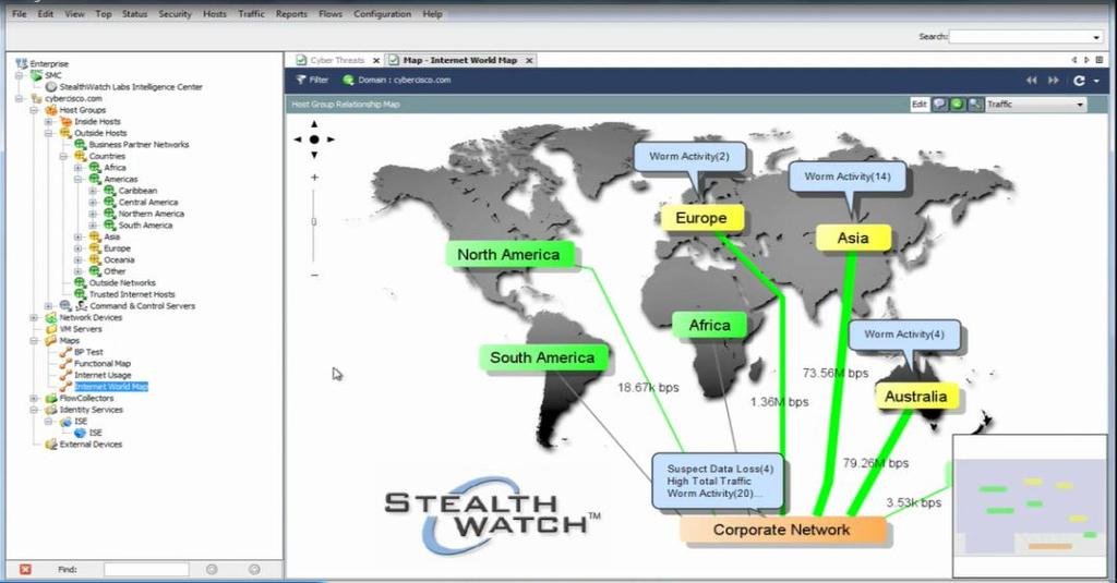 Behavior Based Attack > CTD 위협 Dashboard(2) Behavior 기반차단 StealthWatch Management Console > Internet World Map 화면 ASA + ISE + SMC C&C Worm Activity (2)