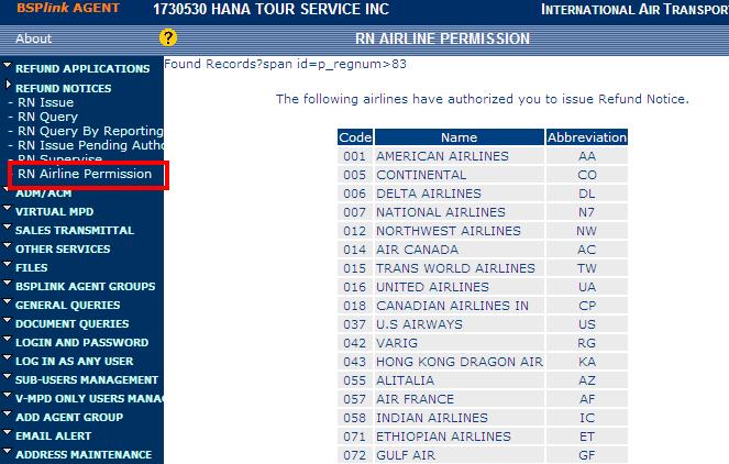 9) BSPlink RN 을허용하는항공사리스트는좌측메뉴 REFUND NOTICES RN Airline