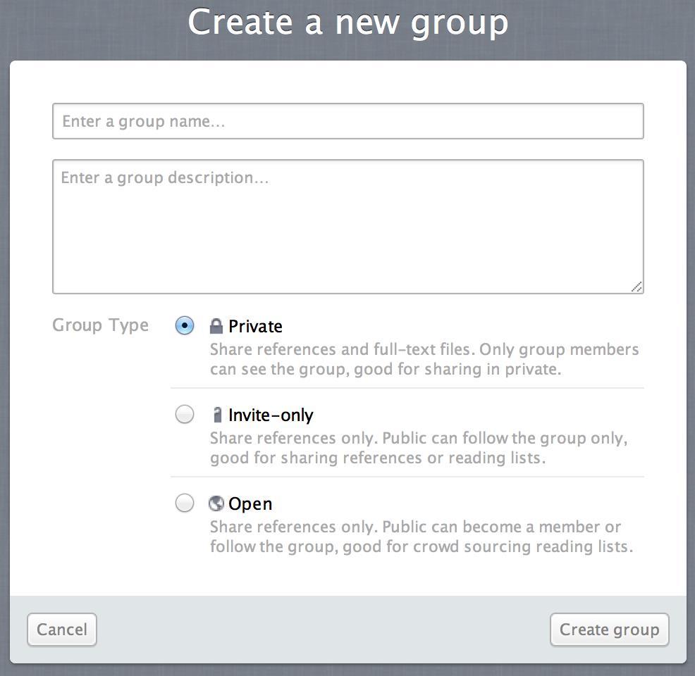 Create groups 3 가지그룹종류 연세대학교이용자 Storage Personal Library 5GB Storage Private Group 20 GB # of Private Groups ; Unlimited # of Users in Private Groups : 25 Open Public Groups