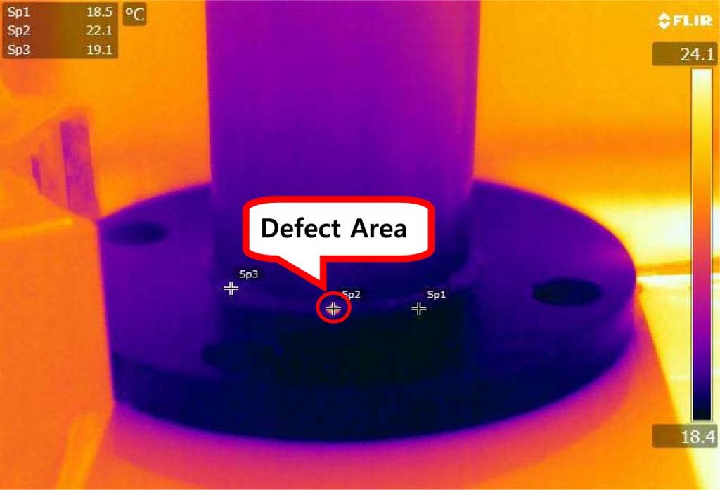 적외선열화상카메라를이용한탄소강관용접부결함검출 127 하여, 적외선열화상카메라를이용해계측하였다. 열화상이미지를살펴보면초음파가진시결함이있는 Spot2에서는다른정상정인부위보다온도가상승하는 Hot spot이발생하는것을확인하였으며, 결함이없는정상용접부 Spot1과 Spot3의경우에는온도의변화가크지않아적외선열화상카메라계측영상에서도큰변화가없음을확인할수있었다. Fig.