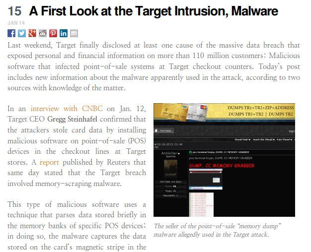 (1) 미국 Target 해킹 POS 시스템에서악성코드감염 - 관련악성코드최초언급 * source : http://krebsonsecurity.