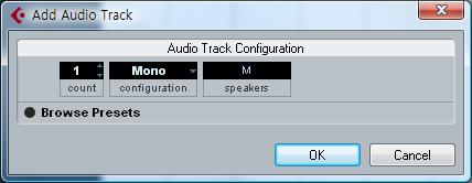 Project 메뉴를열고 Add Track 서브메뉴에서 Audio 를선택합니다. 스테레오입력은 2 채널오디오를레코딩할경우에편리합니다. 예를들어, 키보드의오른쪽과왼쪽채널을한번에레코딩할수있습니다. 만약모노또는각각의모노채널로레코딩하고자한다면별도의버스를만들어주어야합니다. 다음과같은방법으로설정할수있습니다. 2. Configuration에서 Mono를선택하고 Count를 1로적용한후, OK를클릭합니다.