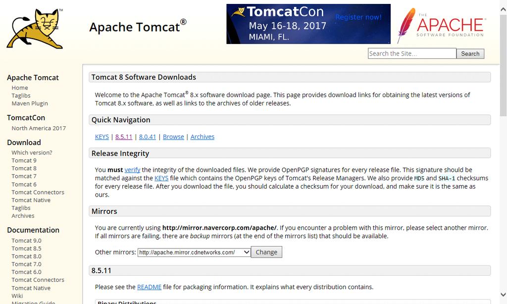 1. 구전자문서이관지원프로그램설치가. Tomcat 다운로드 1) Apache Tomcat 사이트에접속한다.