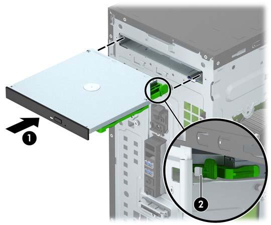9. 녹색래치가섀시프레임 (2) 에고정되도록광드라이브가앞면베젤 (1) 을관통하여베이안으로끝까지밀어넣습니다. 10.