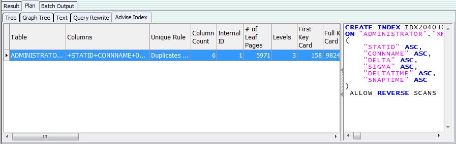 MaxGauge For DB2 User's Guide Advise Index 작성할쿼리의효과적인인덱스을조언해주는기능입니다. 오른쪽에창에 CREATE INDEX 문스크립트가제공됩니다.